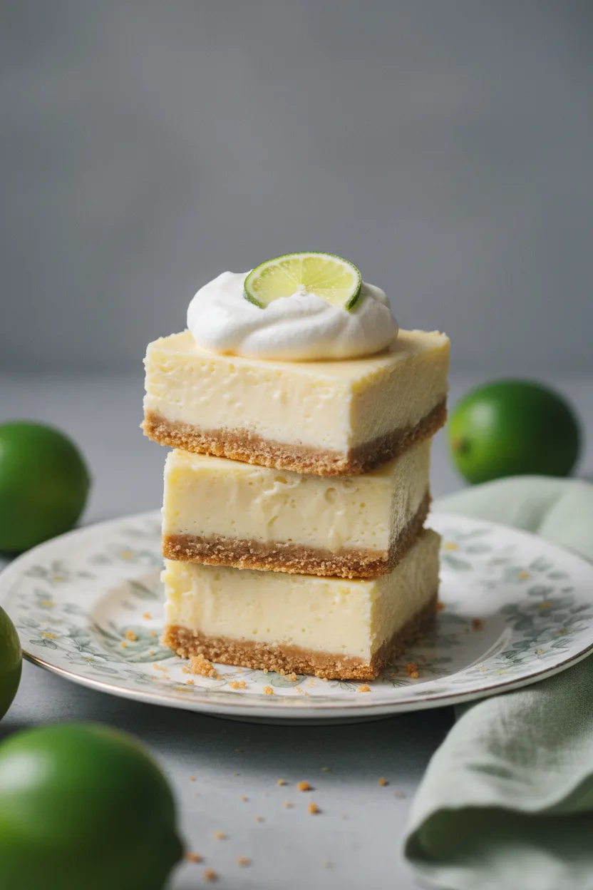 A stack of three key lime pie bars with a creamy cheesecake filling, crumbly graham cracker crust, and whipped cream topping, garnished with a lime slice, presented on a vintage floral plate.