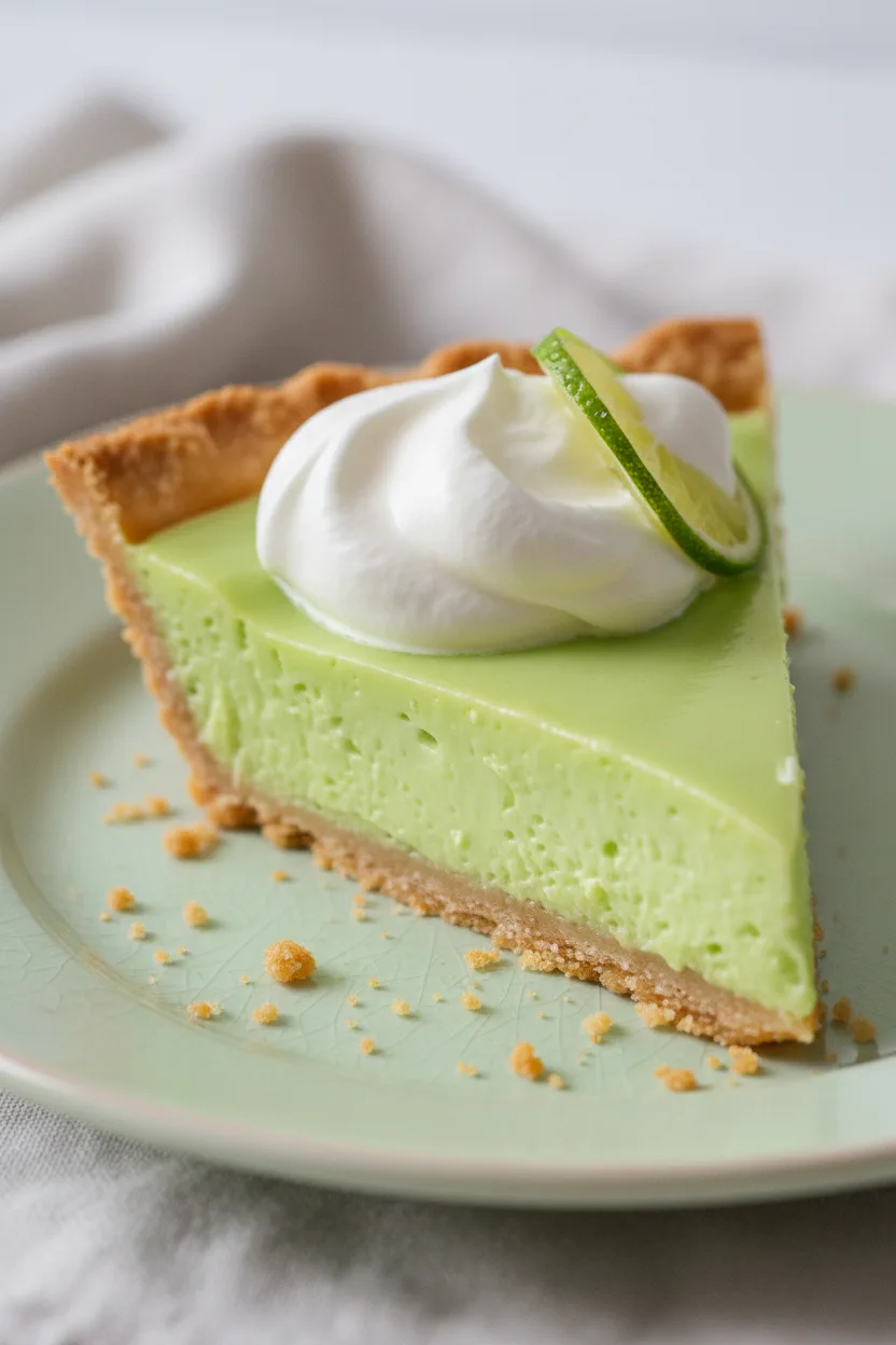 A slice of key lime pie with a smooth, gelatinous filling and a golden-brown crumbly crust. It's topped with a billowy dollop of whipped cream and a thin slice of lime, presented on a pale green plate.