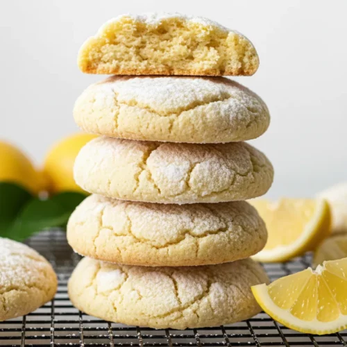 A stack of lemon crinkle cookies dusted with powdered sugar, with a halved cookie on top showing the moist interior, arranged on a black cooling rack with a lemon slice and scattered sugar.