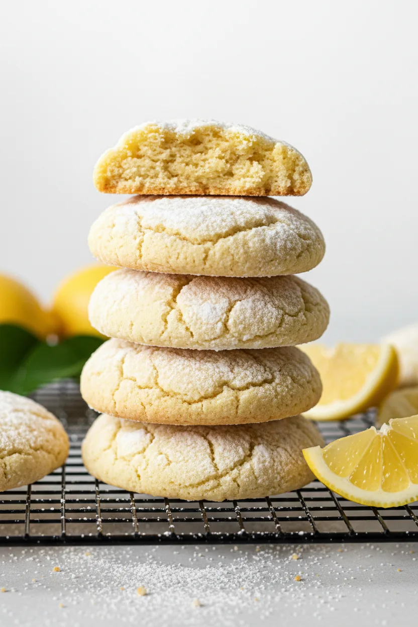 A stack of lemon crinkle cookies dusted with powdered sugar, with a halved cookie on top showing the moist interior, arranged on a black cooling rack with a lemon slice and scattered sugar.