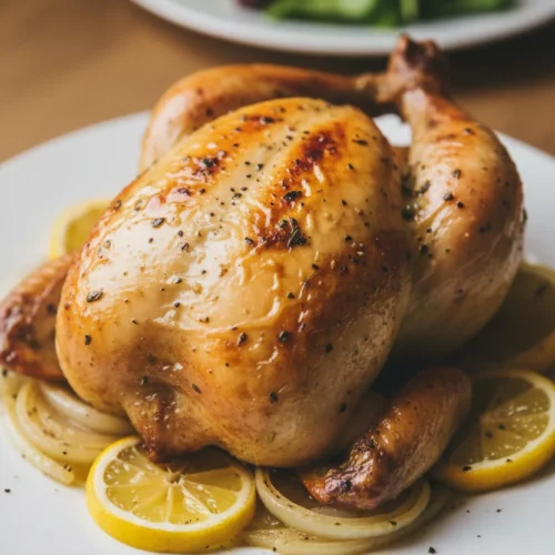 A perfectly roasted lemon chicken with crisp, golden-brown skin, garnished with herbs and black pepper. Caramelized onions and lemon wedges surround the chicken on a white plate, set on a wooden surface.