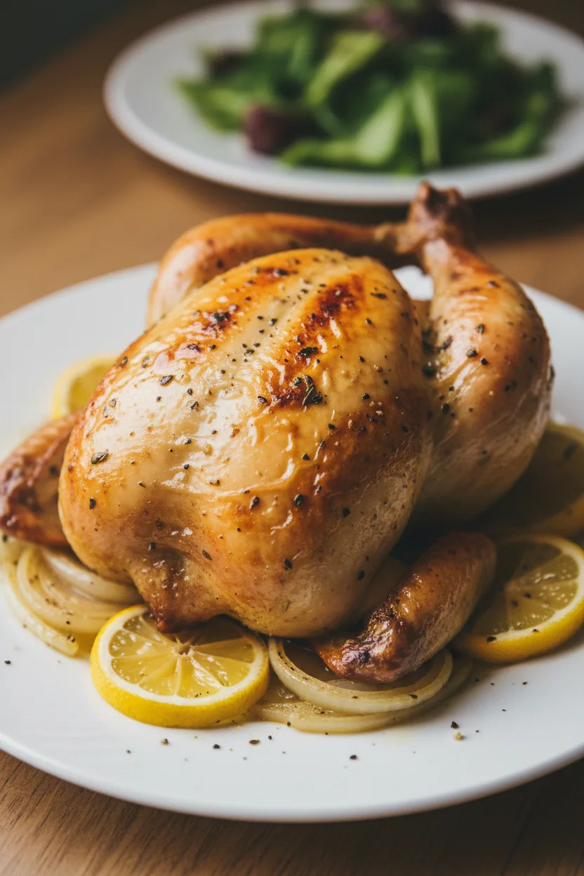 A perfectly roasted lemon chicken with crisp, golden-brown skin, garnished with herbs and black pepper. Caramelized onions and lemon wedges surround the chicken on a white plate, set on a wooden surface.