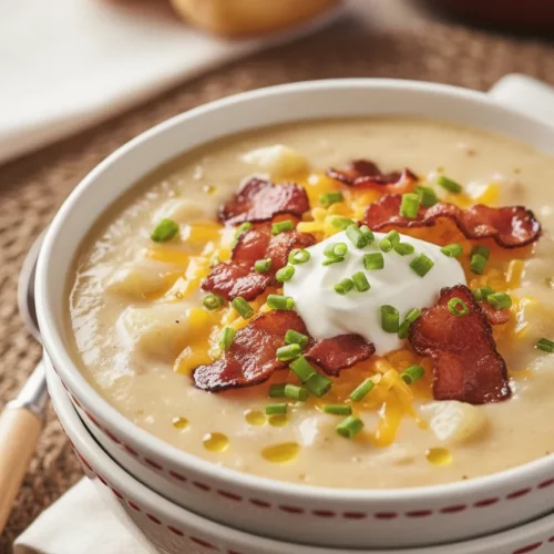 A bowl of creamy loaded baked potato soup topped with crispy bacon, shredded cheddar cheese, chopped green chives, and a dollop of sour cream, served in white ceramic bowls.