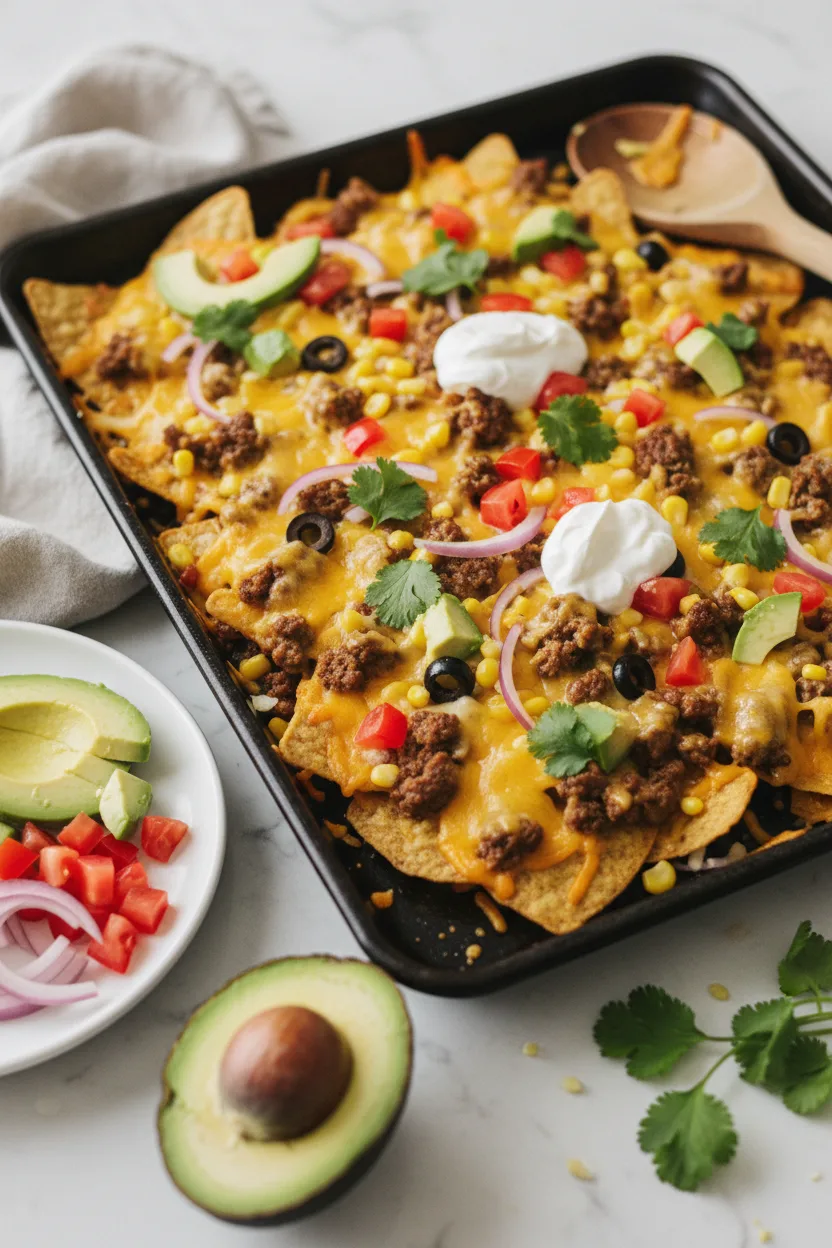 Sheet pan loaded nachos featuring crispy tortilla chips covered in melted cheddar and Monterey Jack cheese, topped with diced tomatoes, avocado, corn, red onion, browned ground beef, black olives, sour cream, and cilantro.