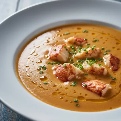 A bowl of lobster bisque, showcasing its smooth, velvety texture, garnished with chives, and featuring chunks of poached lobster meat, served on a rustic blue wooden surface with an antique silver spoon.