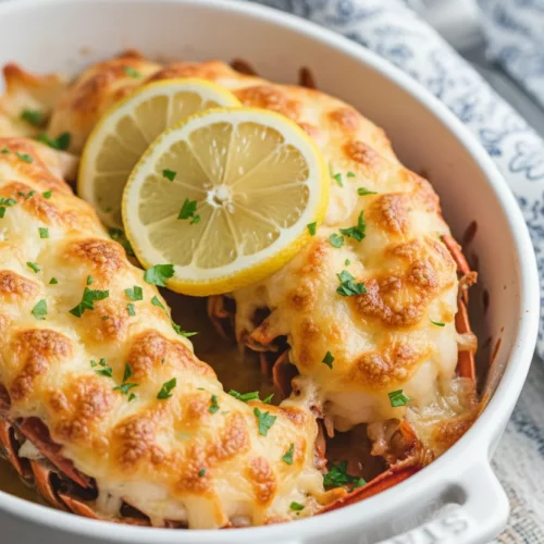 Baked lobster thermidor in a white oval gratin dish, topped with golden-brown cheese, parsley, and lemon wedges. The dish sits on a woven placemat with a blue and white napkin and vintage fork nearby.