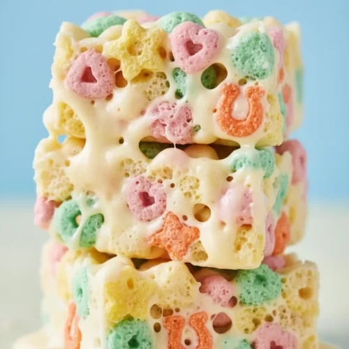 A stack of homemade Lucky Charms marshmallow treats held together by melted marshmallow, showcasing bright colors and soft lighting. The cereal pieces are visible and slightly textured against a light-blue background.