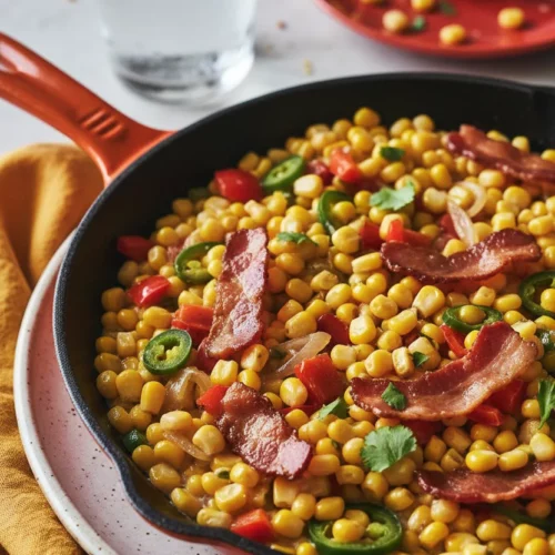 Skillet of Maque Choux (Corn with Peppers) featuring plump corn kernels, diced vegetables, and bacon strips, cooked in a light, creamy sauce. The dish is presented in a cast iron skillet on a speckled ceramic plate with a yellow linen napkin and a glass of water in the background.