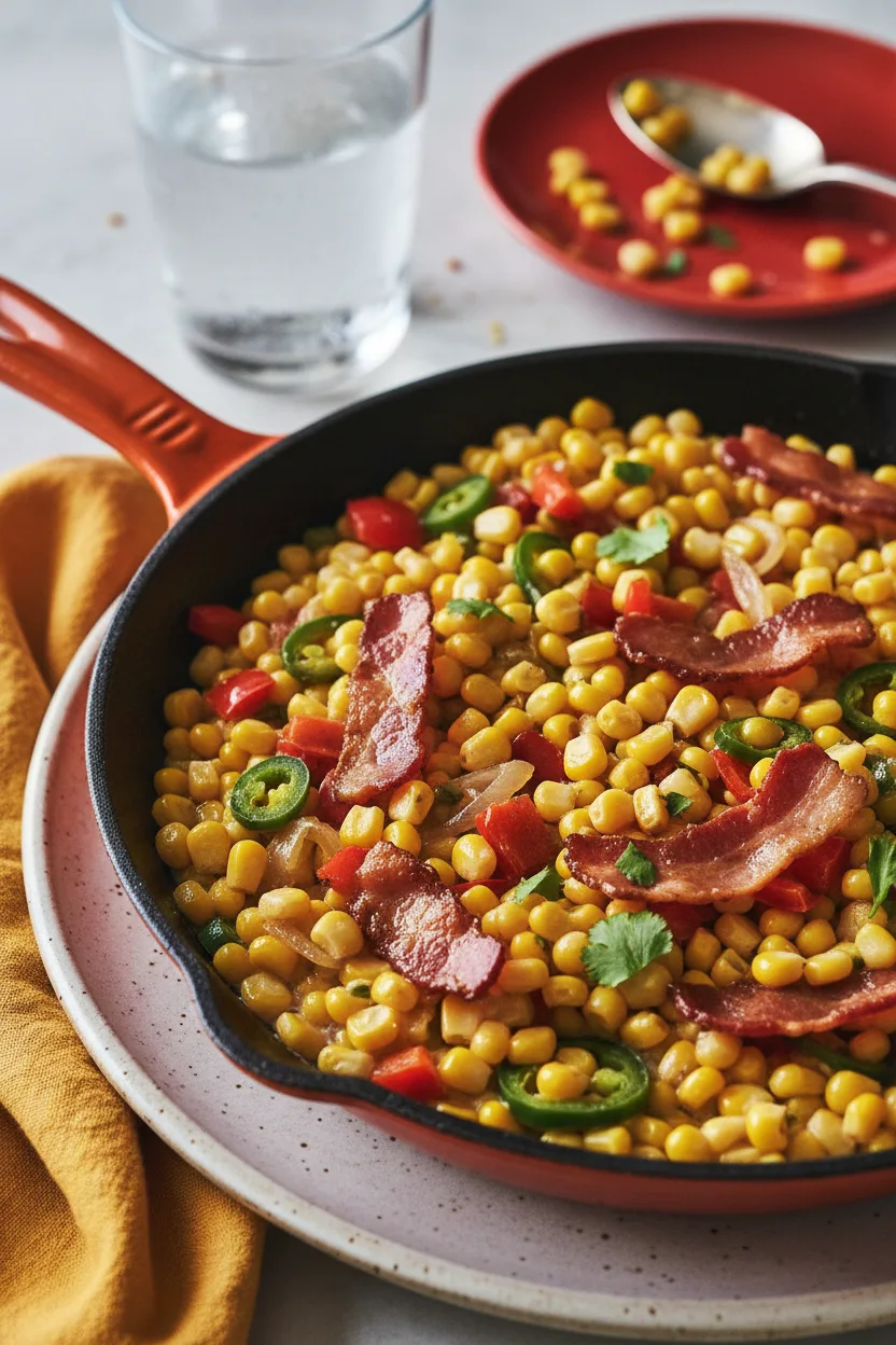 Skillet of Maque Choux (Corn with Peppers) featuring plump corn kernels, diced vegetables, and bacon strips, cooked in a light, creamy sauce. The dish is presented in a cast iron skillet on a speckled ceramic plate with a yellow linen napkin and a glass of water in the background.