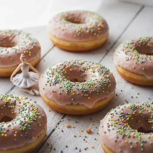 Six Mardi Gras donuts with glossy white glaze and vibrant green, yellow, and purple sprinkles arranged on a rustic white wooden surface with a small ballerina figurine.