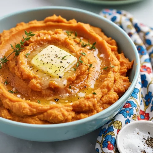 A bowl of mashed sweet potatoes with a pat of melting butter, sprinkled with cracked black pepper. The potatoes are served in a light blue bowl on a white marble surface with a colorful napkin and thyme sprigs.