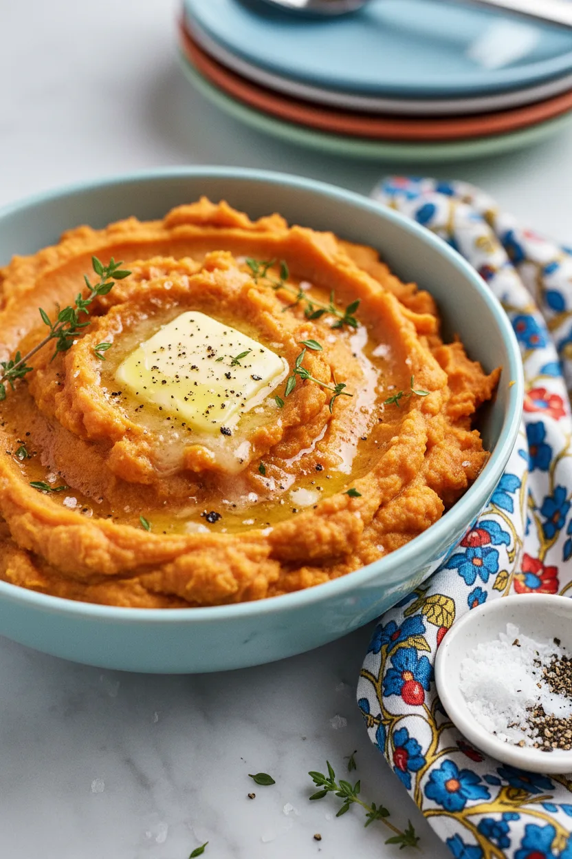 A bowl of mashed sweet potatoes with a pat of melting butter, sprinkled with cracked black pepper. The potatoes are served in a light blue bowl on a white marble surface with a colorful napkin and thyme sprigs.