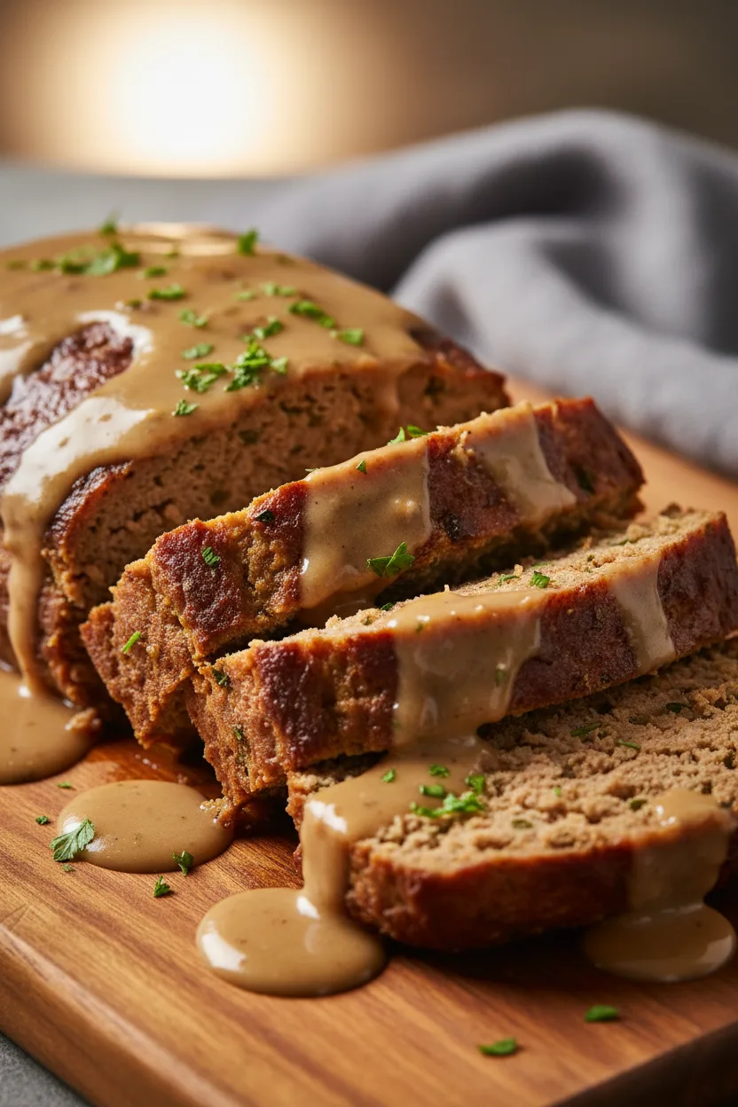 A slice of meatloaf glistening with brown gravy, garnished with fresh parsley on a wooden cutting board. The meatloaf has a slightly porous texture with herbs, and the gravy is viscous and smooth.