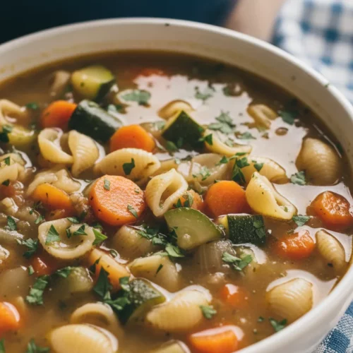 Close-up of Minestrone Soup (Olive Garden Copycat) in a white ceramic bowl, featuring visible surface moisture and crisp vegetables like carrots and zucchini, garnished with parsley flakes, presented in a blue enameled cast iron pot, alongside a blue-and-white checkered linen napkin.