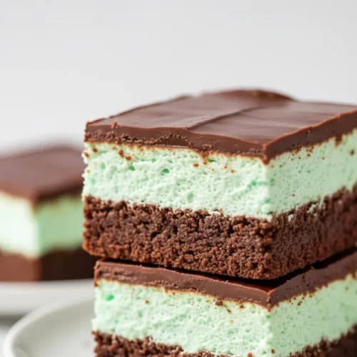 Stacked mint brownies on a white plate. The top brownie has a glossy chocolate ganache and a creamy mint filling over a fudgy brownie base.