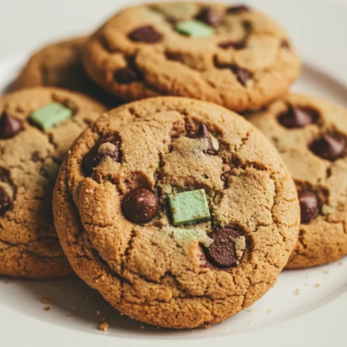 A close-up of homemade mint chocolate chip cookies arranged on a white surface. The cookies are golden-brown with slightly crisp edges, featuring unevenly distributed chocolate chips and mint chocolate pieces. The lighting is soft and diffused, highlighting the texture and imperfections of the mint chocolate chip cookies.