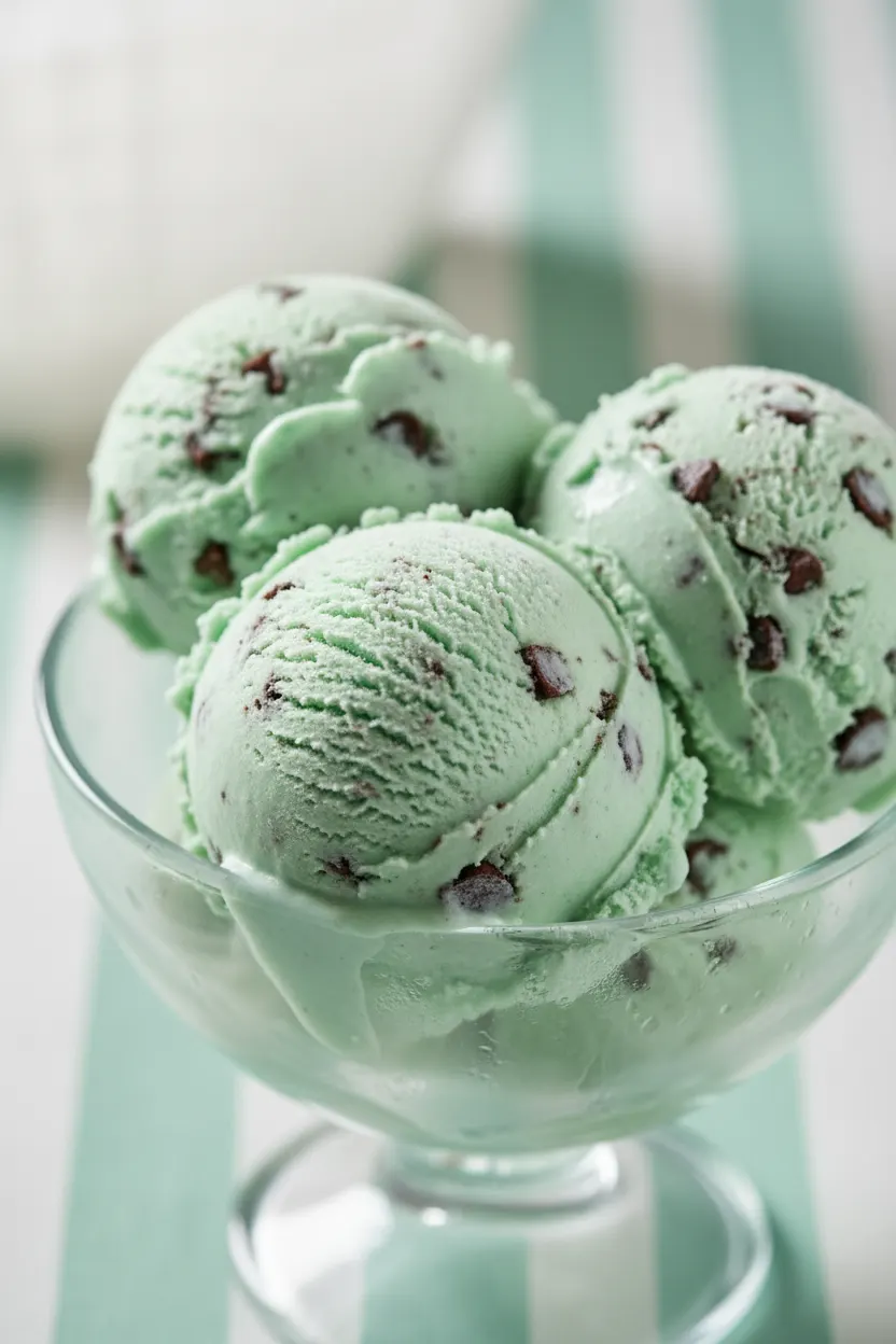 Three scoops of mint chocolate chip ice cream in a clear glass bowl, showing a slightly melted texture with visible chocolate chips and condensation.