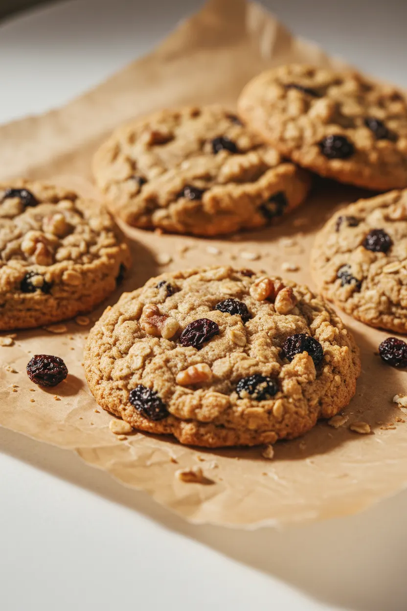 A batch of soft-baked oatmeal raisin cookies with walnuts, arranged on crumpled light brown parchment paper over a white surface. The cookies have a chunky texture and golden highlights.