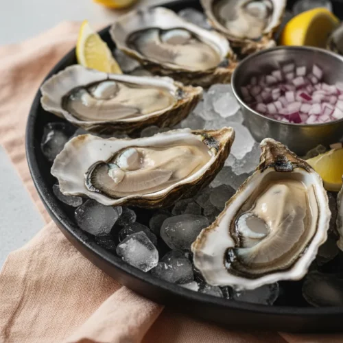 A platter of freshly shucked Oysters with Mignonette is arranged on crushed ice with lemon wedges. The raw oysters glisten under soft lighting in an editorial food photography style.