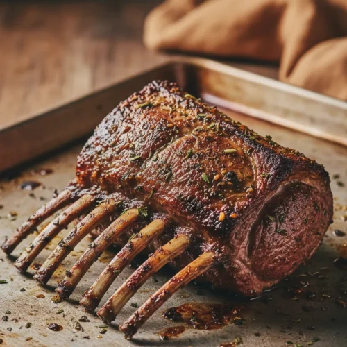 Close-up of a rustic, home-style rack of lamb with a deeply browned, herb-crusted surface on a worn baking sheet. The exposed bones have baked-on marinade remnants, and the focus is on the center of the well-done meat.