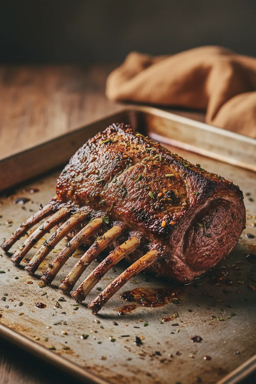 Close-up of a rustic, home-style rack of lamb with a deeply browned, herb-crusted surface on a worn baking sheet. The exposed bones have baked-on marinade remnants, and the focus is on the center of the well-done meat.