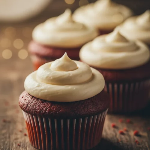 A row of red velvet cupcakes with opaque white frosting, arranged closely together on a dark wood surface. The cupcakes have a slightly coarse texture and the frosting is neatly piped with soft highlights, focus on a cupcake's front edge.