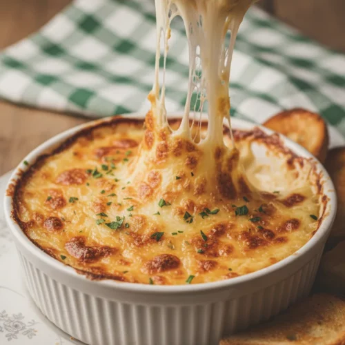 Creamy Reuben Dip with melted cheese, topped with parsley, served with toasted bread for dipping, presented on a patterned plate with a checkered napkin. A hand reaches in to dip bread into the corned beef dip.