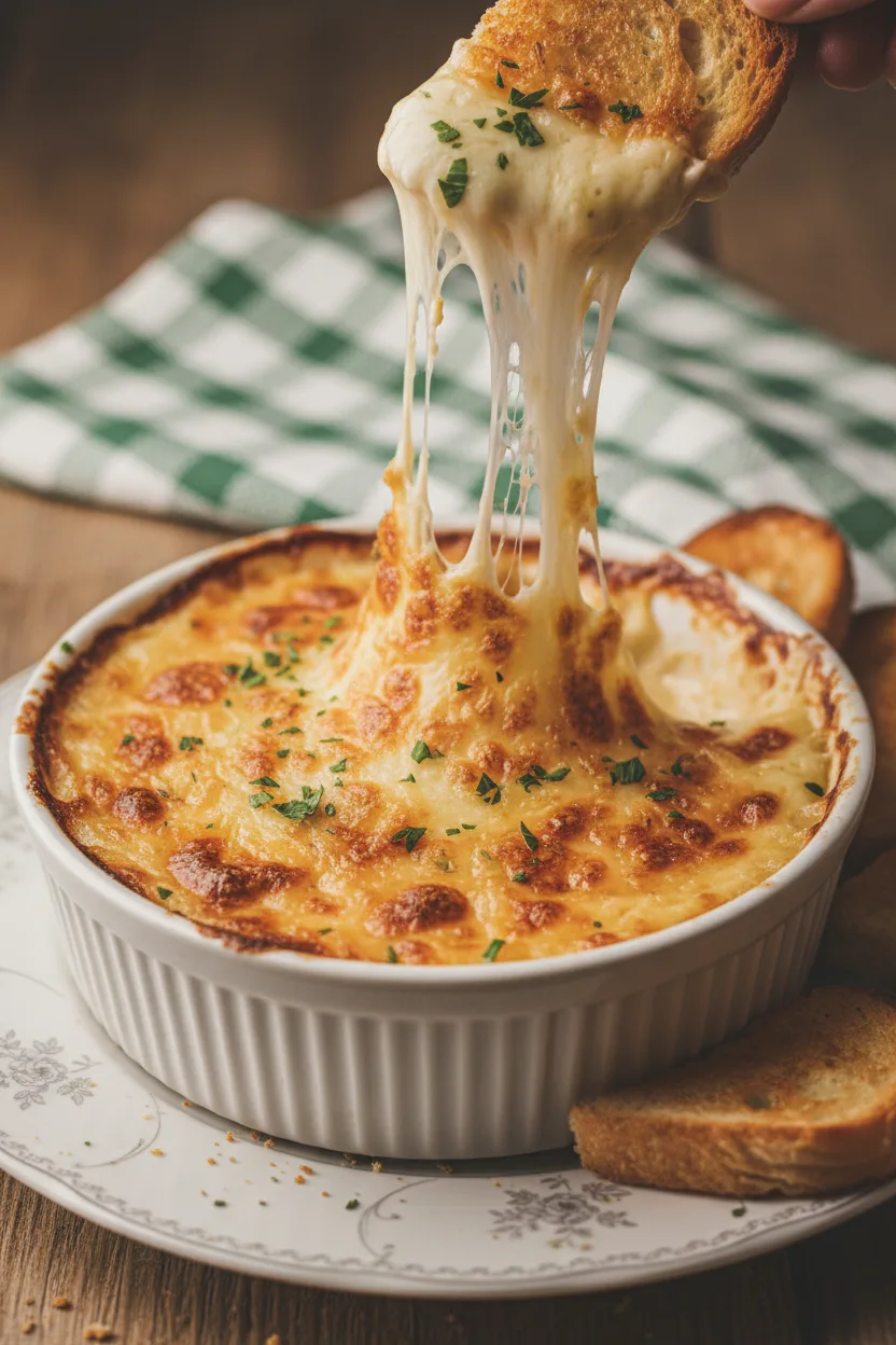 Creamy Reuben Dip with melted cheese, topped with parsley, served with toasted bread for dipping, presented on a patterned plate with a checkered napkin. A hand reaches in to dip bread into the corned beef dip.