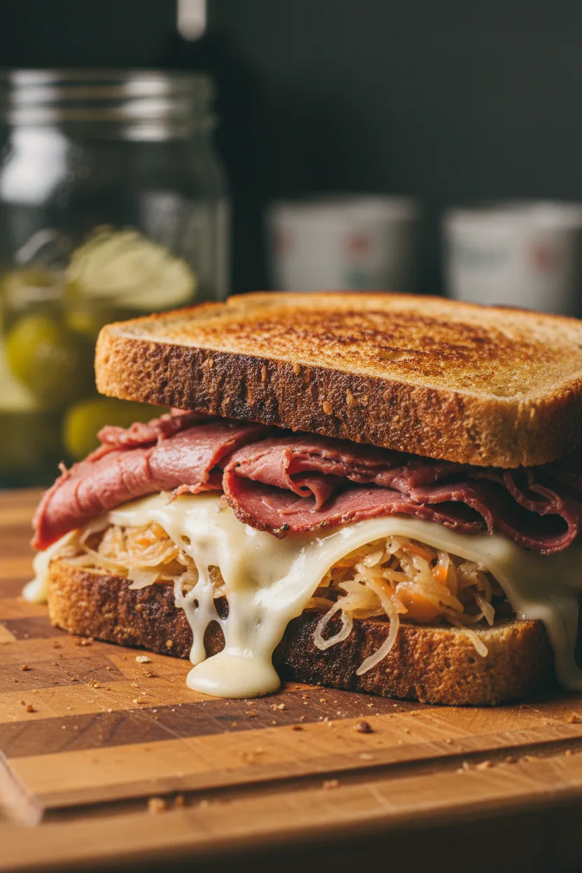 A Reuben Sandwich featuring golden-brown toasted rye bread, melted cheese dripping down the sides, layers of thinly sliced corned beef, and moist sauerkraut, presented on a wooden cutting board.