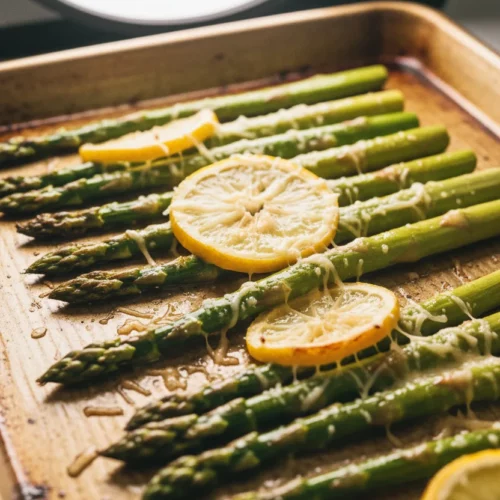 Overhead shot of roasted asparagus with lemon slices on a golden baking sheet. The asparagus spears are blistered and slightly charred, topped with melted parmesan cheese. Lemon slices are glossy and arranged in rows.