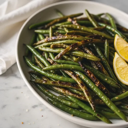 A platter of roasted green beans with blistered and caramelized spots, accompanied by lemon wedges and vintage silver serving utensils on a marble surface.
