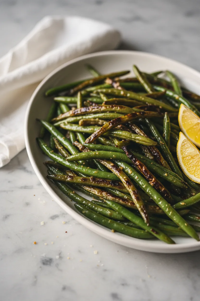 A platter of roasted green beans with blistered and caramelized spots, accompanied by lemon wedges and vintage silver serving utensils on a marble surface.