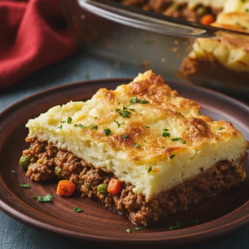 A slice of Shepherd's Pie (Lamb) on a dark brown plate. The pie has a golden-brown mashed potato topping with visible moist meat filling containing peas, carrots, and corn, garnished with parsley. The background features distressed blue wood.
