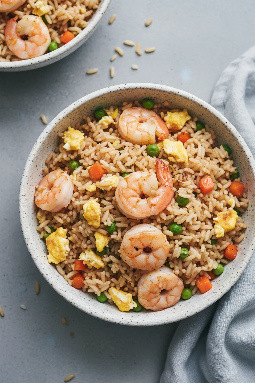 Overhead shot of shrimp fried rice in a speckled ceramic bowl. The rice grains are separate and glossy, with plump shrimp, diced carrots, scrambled egg pieces, and peas scattered throughout. A light blue-grey linen napkin is to the right of the bowl, set on a cool-toned grey concrete surface.
