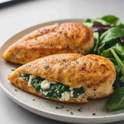 Two pieces of spinach and feta stuffed chicken breast on a speckled off-white plate next to a fresh salad. The chicken has a golden-brown surface with visible spices. A matte grey fork rests on the right side of the plate.