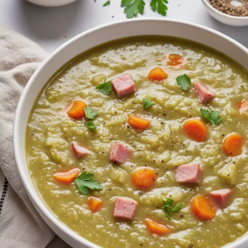 A bowl of split pea soup with visible chunks of ham and carrots, garnished with parsley and black pepper. A linen napkin and silver spoon are beside the bowl.
