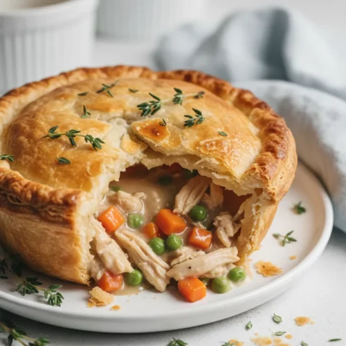 A partially cut open steak and ale pie with beef broth, featuring a flaky puff pastry crust, tender shredded meat, diced vegetables, and a rich gravy. Fresh thyme sprigs garnish the top. A fork rests beside the pie on a white ceramic plate.