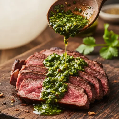 Sliced steak topped with chimichurri sauce being drizzled from a spoon onto a dark wooden board. The steak is cooked medium-rare and the chimichurri sauce has visible herbs and chili flakes.