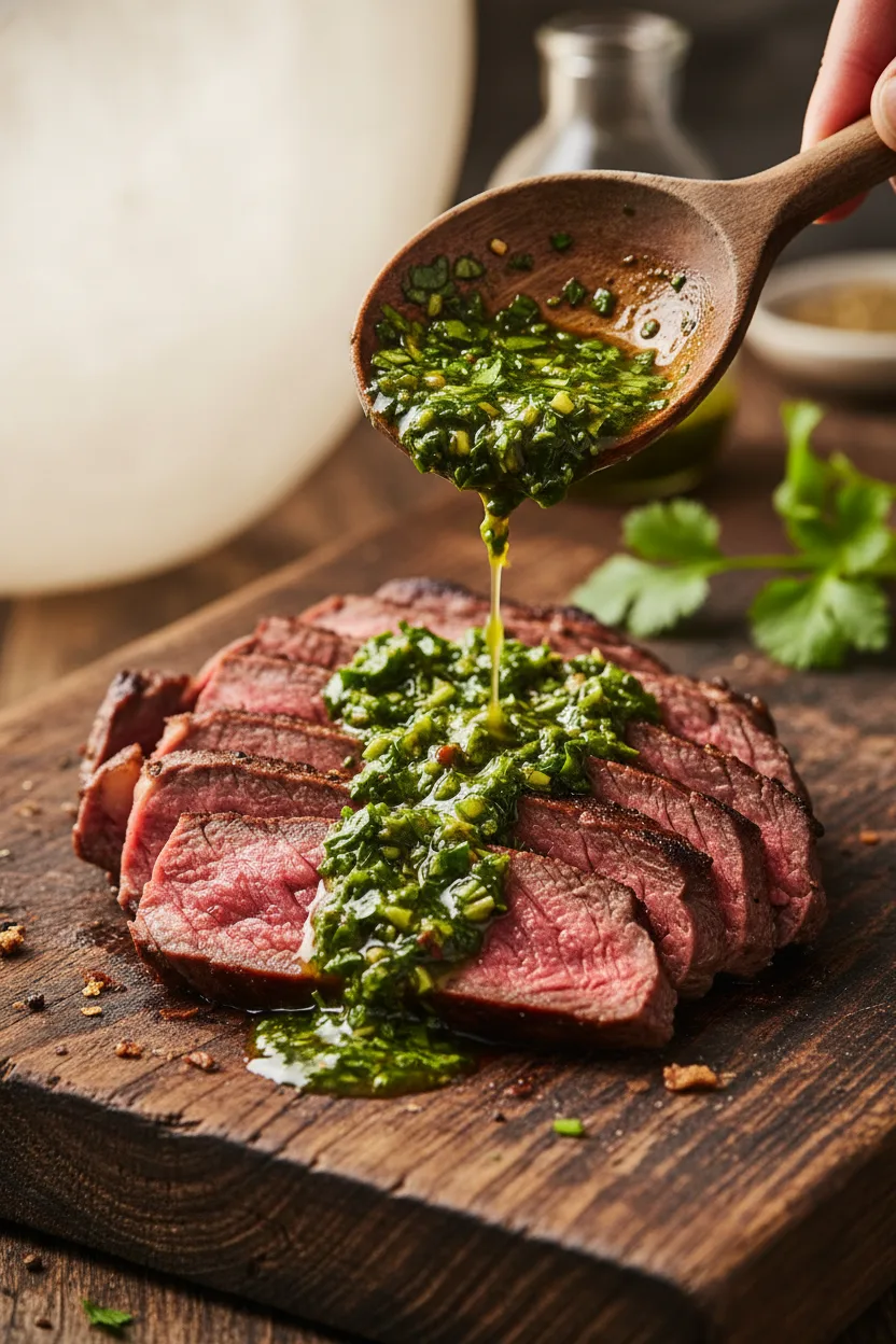 Sliced steak topped with chimichurri sauce being drizzled from a spoon onto a dark wooden board. The steak is cooked medium-rare and the chimichurri sauce has visible herbs and chili flakes.