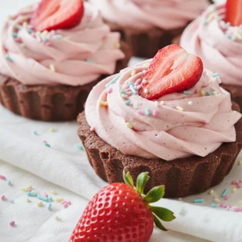 Strawberry Mousse Cups: A close-up of several strawberry mousse tarts arranged on a white linen napkin, topped with fresh strawberry slices and colorful sprinkles. A whole strawberry sits in the foreground. The lighting is bright and airy.