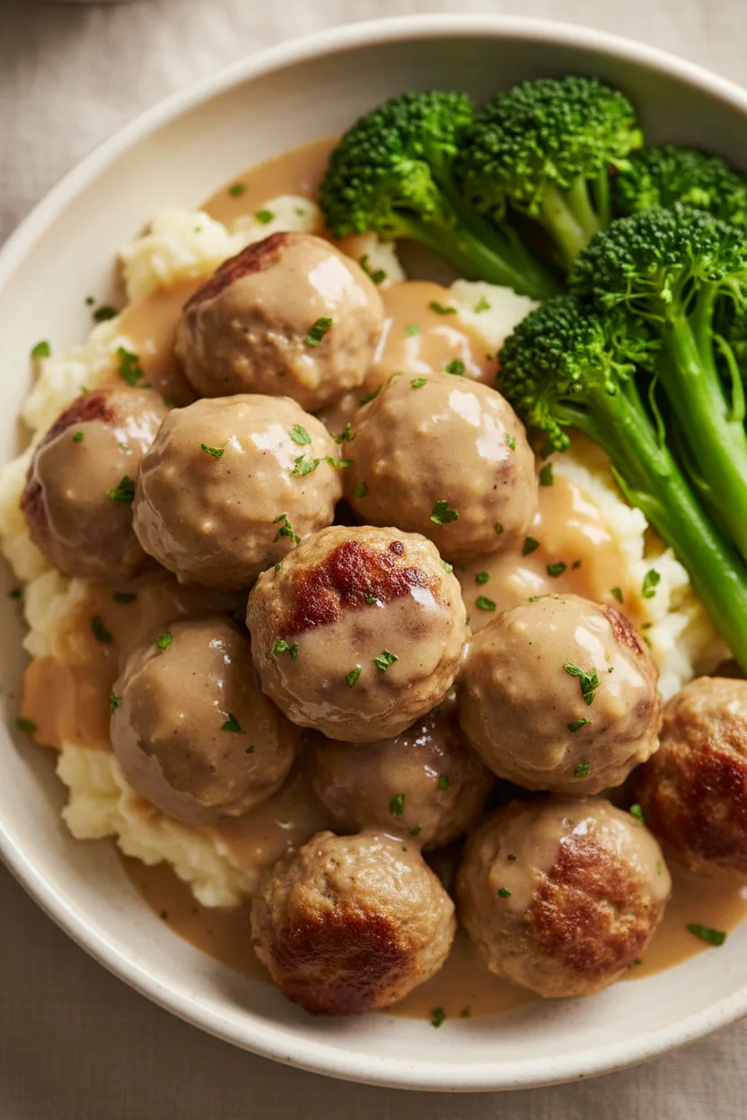 A close-up, top-down shot of Swedish Meatballs (IKEA Copycat) served with mashed potatoes, gravy, and broccoli. The meatballs are coated in a light tan gravy and sprinkled with fresh parsley. The mashed potatoes are fluffy and pooling with gravy. Bright green broccoli stalks are arranged to the side.