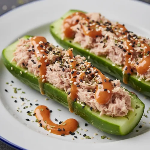 Two halves of a cucumber, hollowed and filled with creamy tuna salad, drizzled with orange sauce and garnished with black and white sesame seeds and dried green herbs, sitting on a white plate.