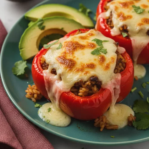 Two vibrant red bell peppers stuffed with a rice mixture and melted cheese, garnished with fresh cilantro and served on a teal plate with avocado and a burgundy linen napkin.