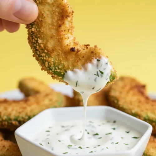 A close-up shot of fried avocado slices coated in golden-brown breadcrumbs, with one slice held and dripping with a thick, white, herbed sauce against a vibrant yellow background.