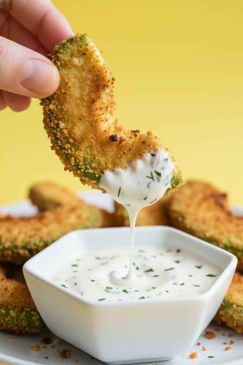 A close-up shot of fried avocado slices coated in golden-brown breadcrumbs, with one slice held and dripping with a thick, white, herbed sauce against a vibrant yellow background.