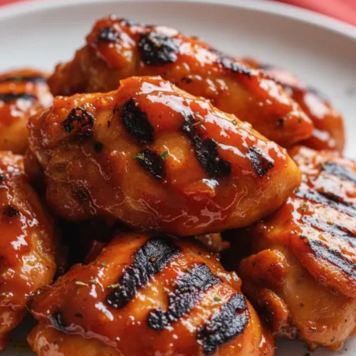 Close-up of a pile of BBQ Chicken Thighs glazed with a thick, glistening sauce on a white plate with red textured cloth. The chicken has visible grill marks and a slightly charred appearance.