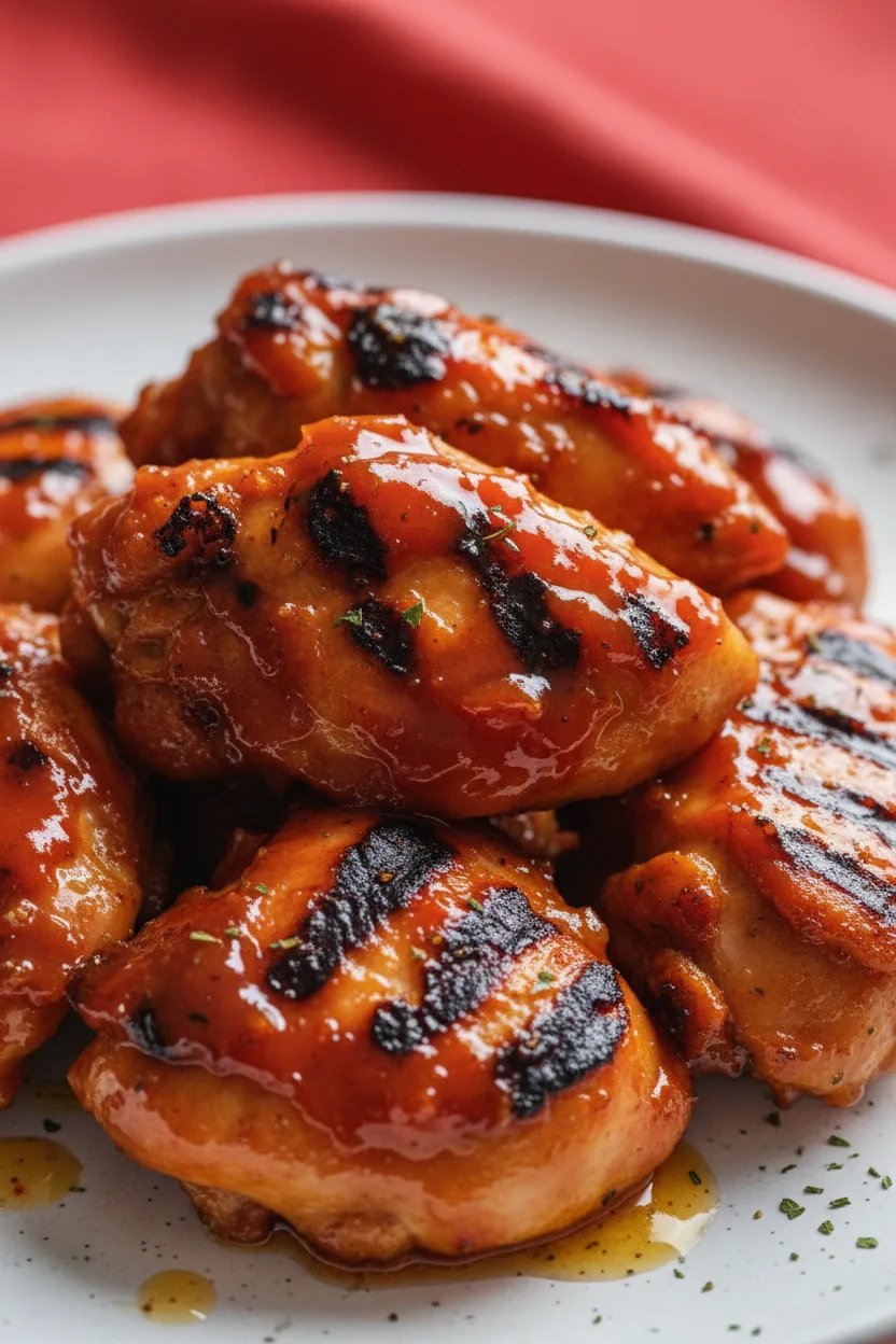 Close-up of a pile of BBQ Chicken Thighs glazed with a thick, glistening sauce on a white plate with red textured cloth. The chicken has visible grill marks and a slightly charred appearance.