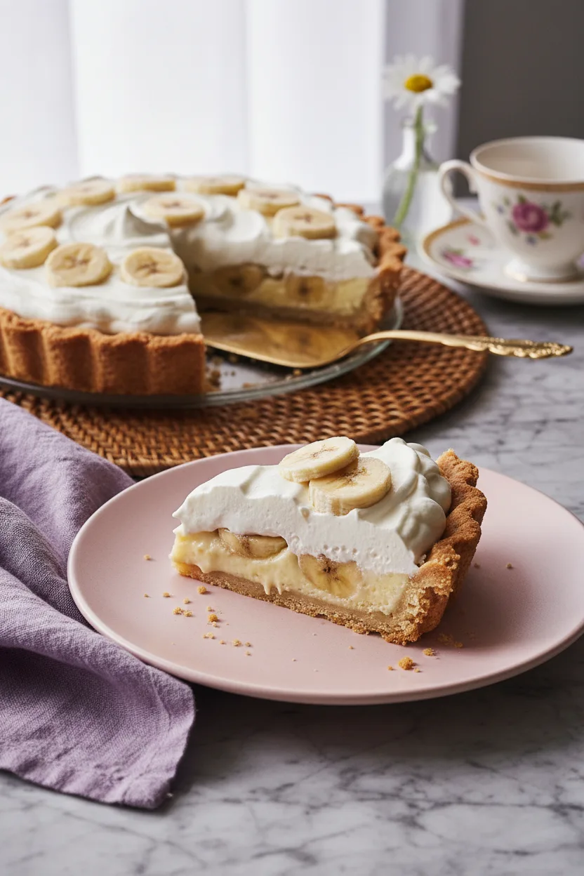 A slice of banana cream pie with billowy whipped cream, fresh banana slices, and a flaky golden-brown crust, served on a pink plate with a fork and purple linen napkin.