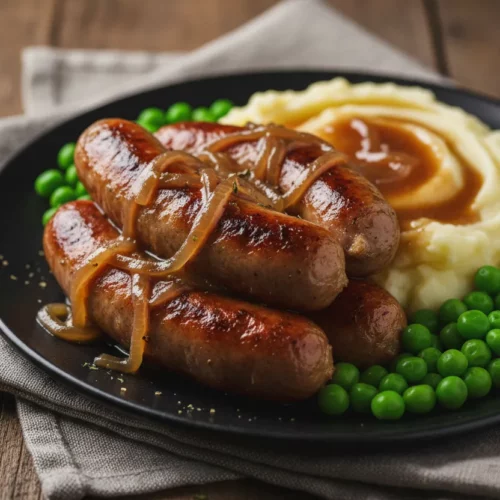 A plate of bangers and mash featuring plump beef sausages covered in onion gravy, served with mashed potatoes and vibrant green peas. The sausages have a browned, slightly wrinkled texture with visible scorch marks.
