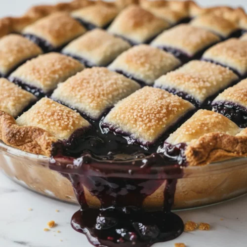 Overhead shot of a blueberry pie with a golden-brown lattice crust sprinkled with coarse sugar, showcasing a deep, glossy blueberry filling in a clear glass pie dish on a white marble countertop.